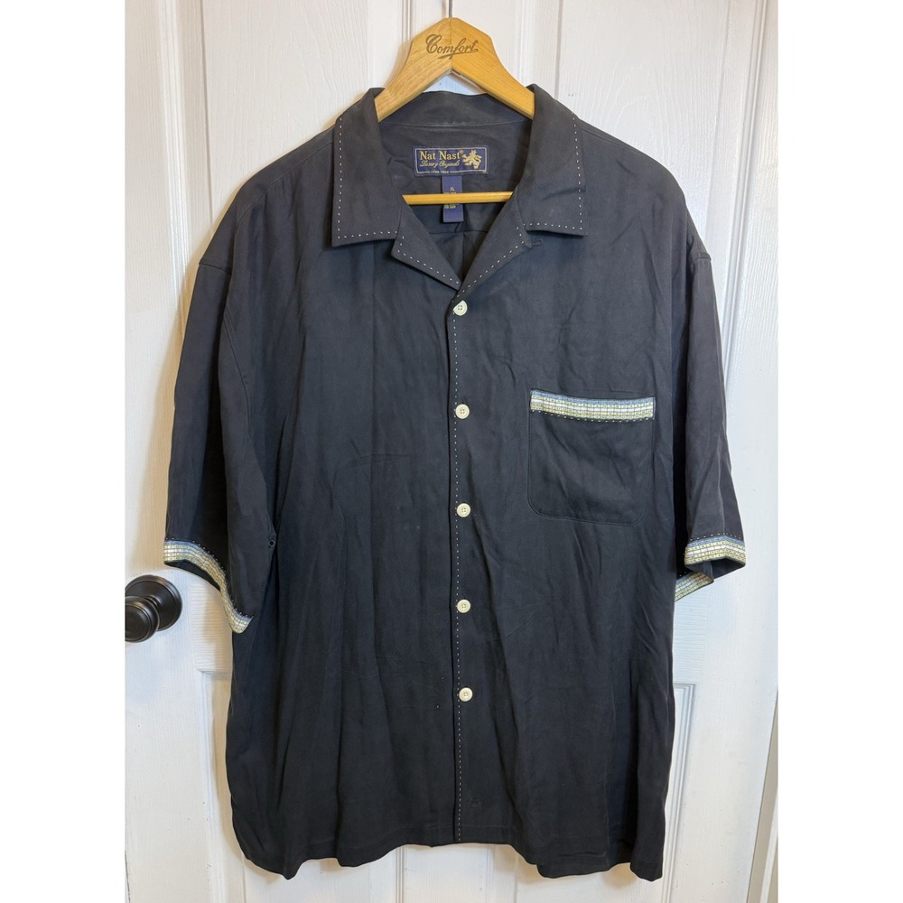 Nat Nast Men's XL Black 100% Silk Short Sleeve Pick Stitch Bowling Score Shirt